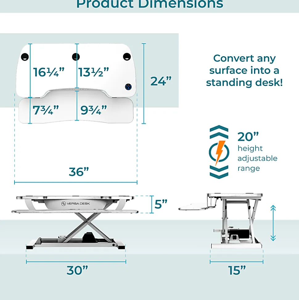 VersaDesk PowerPro Sit-To-Stand Height-Adjustable Electric Desk Converter, 36"W x 24"D, White