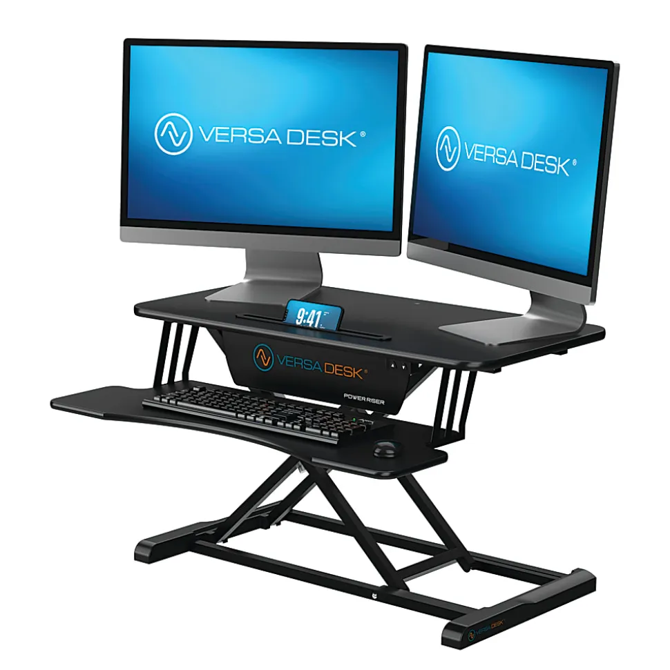 VersaDesk Power Riser Electric Height Adjustable Standing Desk Converter Desk Riser with Keyboard Tray & Device Stand, 32"W x 24"D, Black