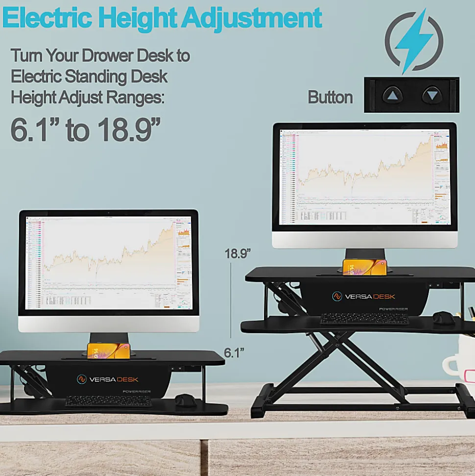 VersaDesk Power Riser Sit-To-Stand Height-Adjustable Electric Desk Converter, 40"W x 24"D, Black