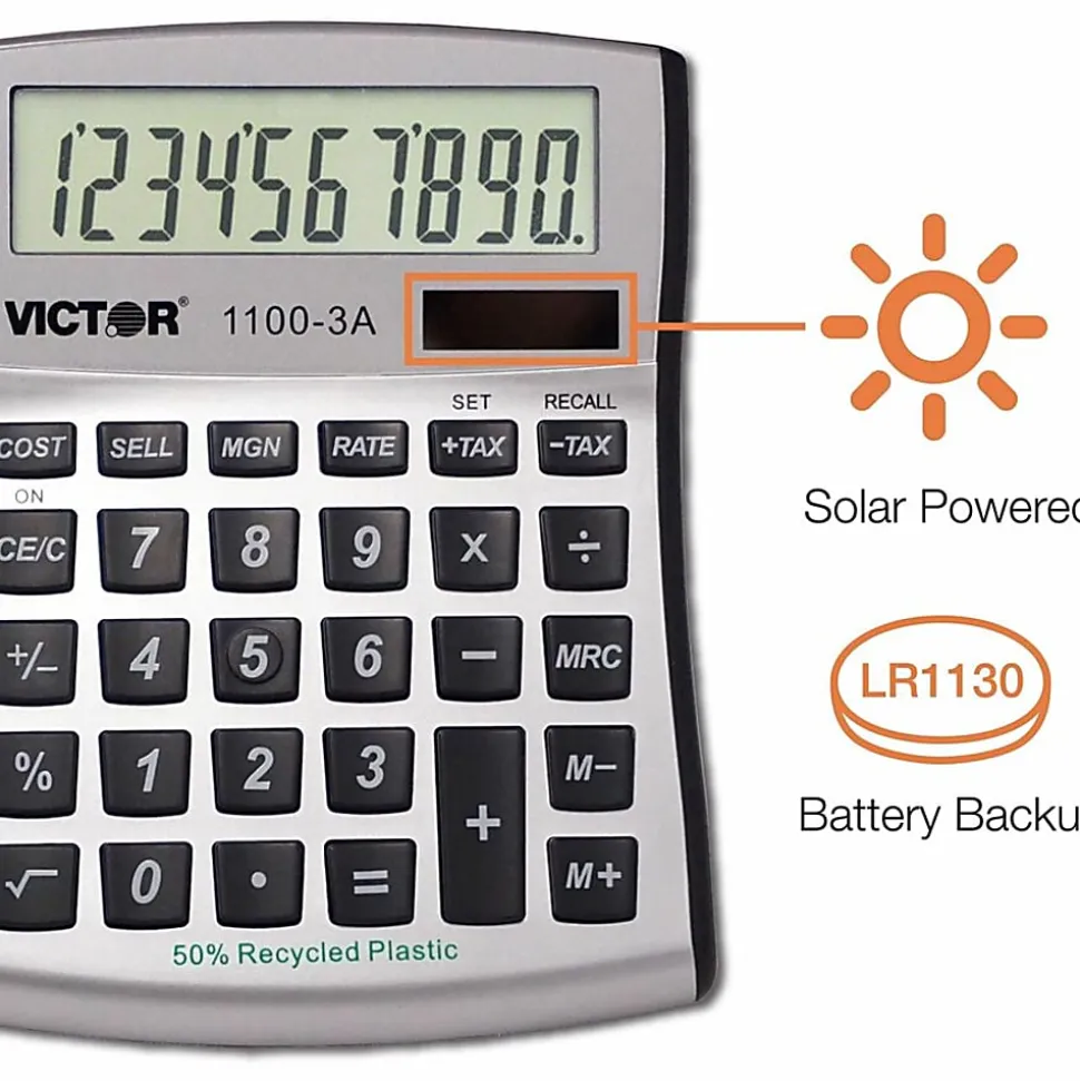 Victor 11003A Mini Desktop Calculator - Large Display, Angled Display, Dual Power, Independent Memory, Battery Backup - 11003A