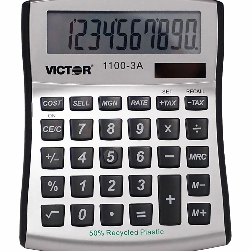 Victor 11003A Mini Desktop Calculator - Large Display, Angled Display, Dual Power, Independent Memory, Battery Backup - 11003A