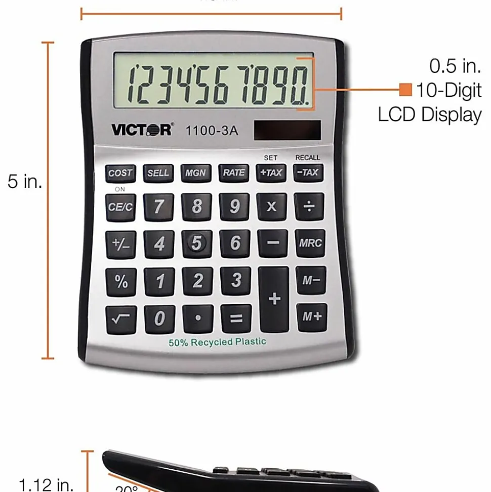Victor 11003A Mini Desktop Calculator - Large Display, Angled Display, Dual Power, Independent Memory, Battery Backup - 11003A