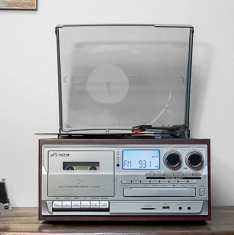 Victor Cosmopolitan VWRP-4200 Dual-Bluetooth® Belt-Drive 8-In-1 Music Center With Turntable And FM Radio, 11.6"H x 7.9"W x 12.8"D, Brown