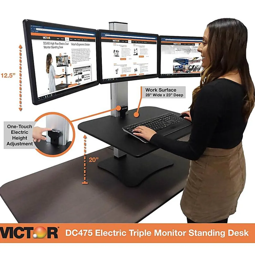 Victor DC475 High Rise Electric Triple Monitor Standing Desk - 23" to 34" Screen Support - 37.50 lb Load Capacity - DC475