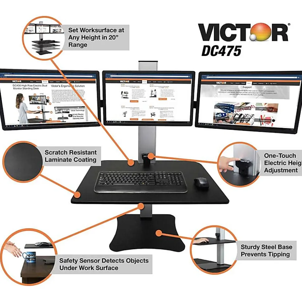 Victor DC475 High Rise Electric Triple Monitor Standing Desk - 23" to 34" Screen Support - 37.50 lb Load Capacity - DC475