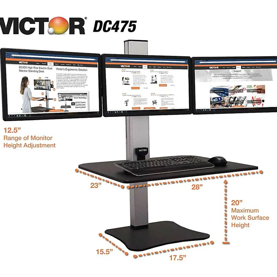 Victor DC475 High Rise Electric Triple Monitor Standing Desk - 23" to 34" Screen Support - 37.50 lb Load Capacity - DC475