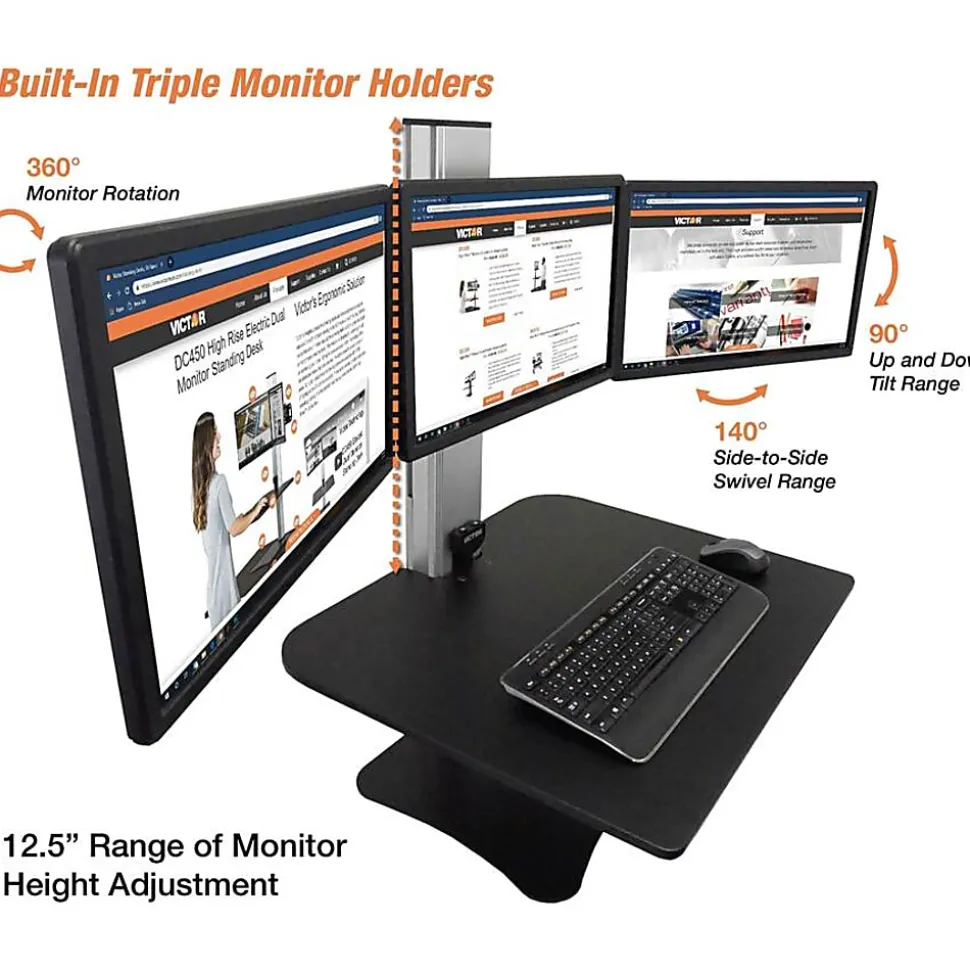 Victor DC475 High Rise Electric Triple Monitor Standing Desk - 23" to 34" Screen Support - 37.50 lb Load Capacity - DC475