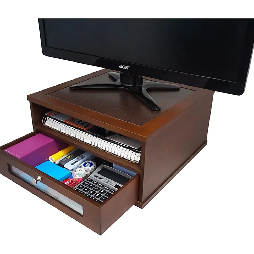 Victor Heritage Wood H1175 Monitor Riser - 1x Shelf(ves) - 6.5"x13.4"x 13.4" Depth - Wood Grain - Wood, Metal, Faux Leather, Frosted Glass - Heritage