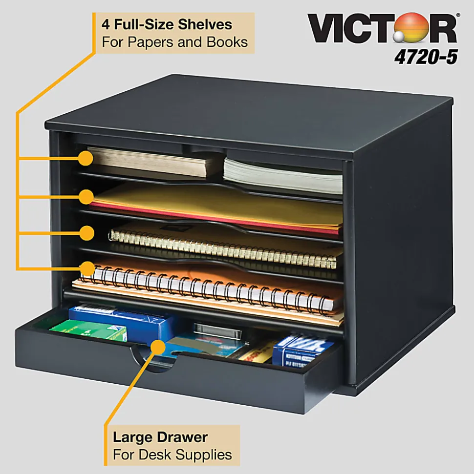 Victor Midnight Black Collection Wood Desktop Organizer, 14" H x 10.75" W x 9.75" D, Midnight Black