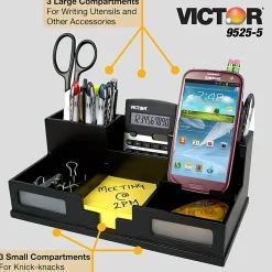 Victor® Midnight Black Collection™ Desk Organizer With Smartphone Holder, 5 1/2"H x 10 1/2"W x 3 1/2"D, Black
