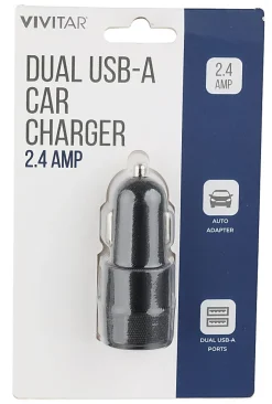 Vivitar Dual USB-A Car Charger, Black, NIL6001-BLK-STK-24