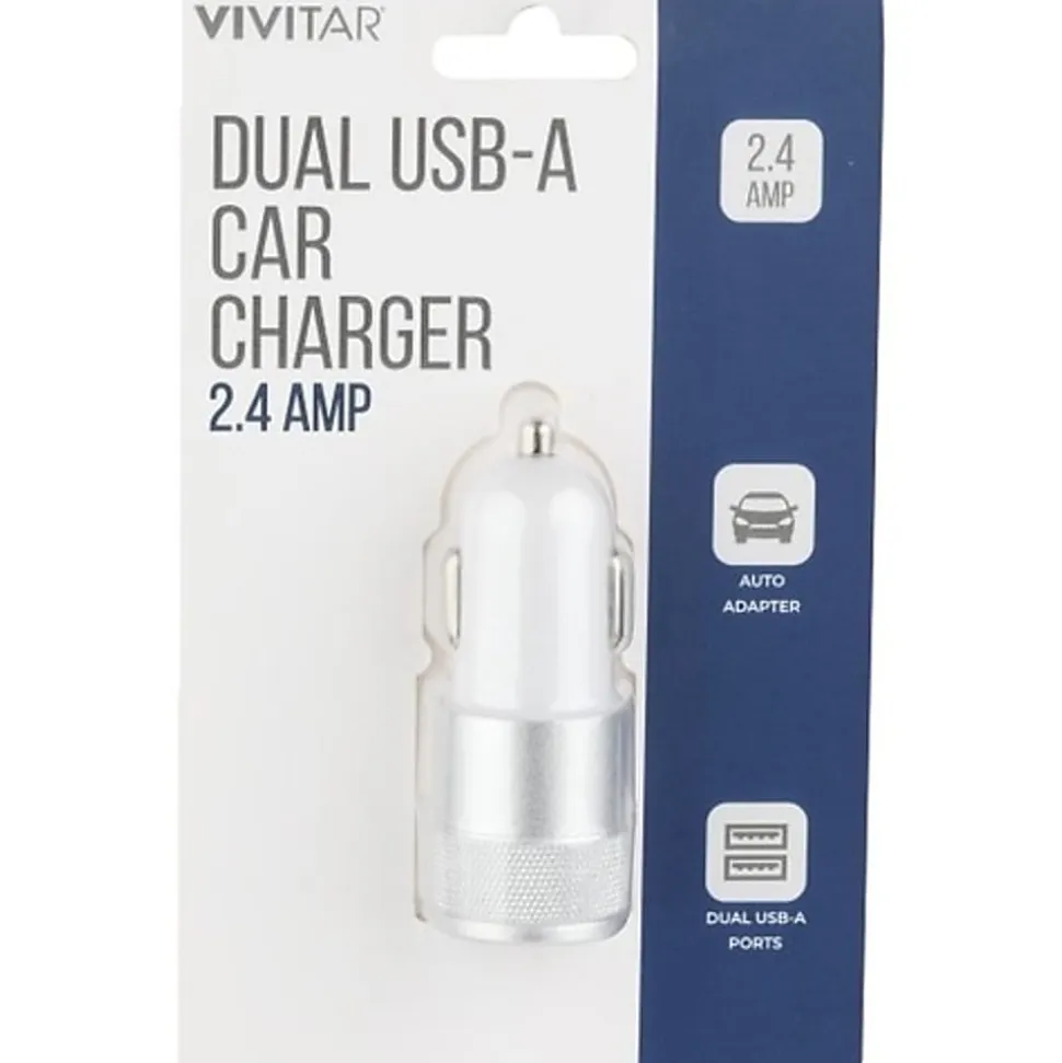 Vivitar Dual USB-A Car Charger, White, NIL6001-WHT-STK-24