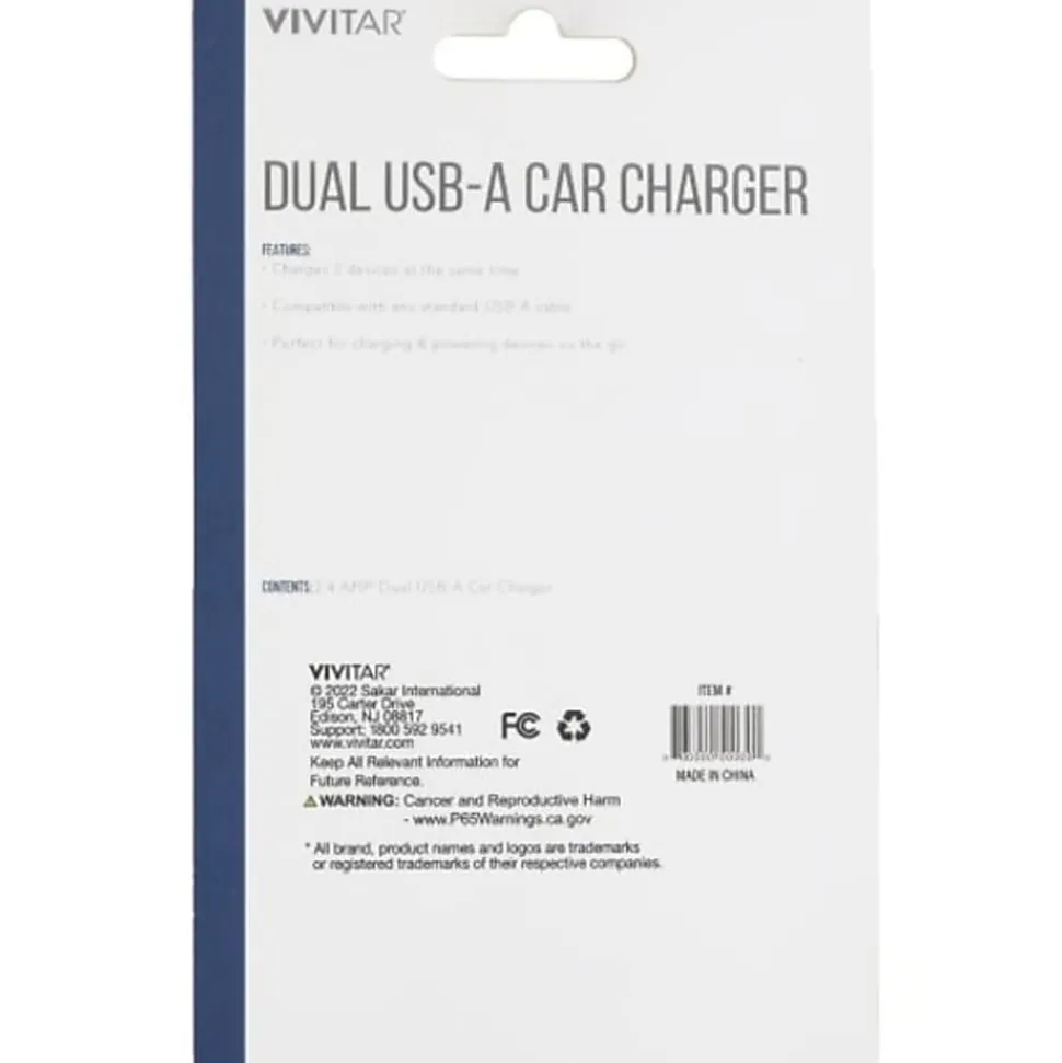 Vivitar Dual USB-A Car Charger, White, NIL6001-WHT-STK-24