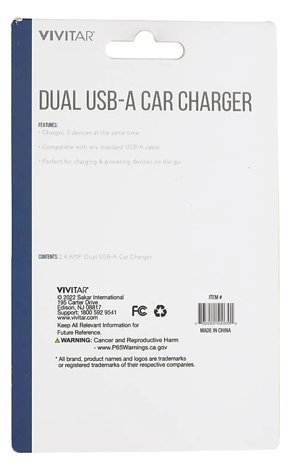 Vivitar Dual USB-A Car Charger, White, NIL6001-WHT-STK-24
