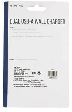 Vivitar Dual USB-A Wall Charger, Black, NIL6002-BLK-STK-24