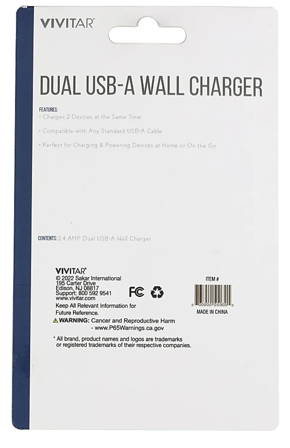 Vivitar Dual USB-A Wall Charger, Black, NIL6002-BLK-STK-24