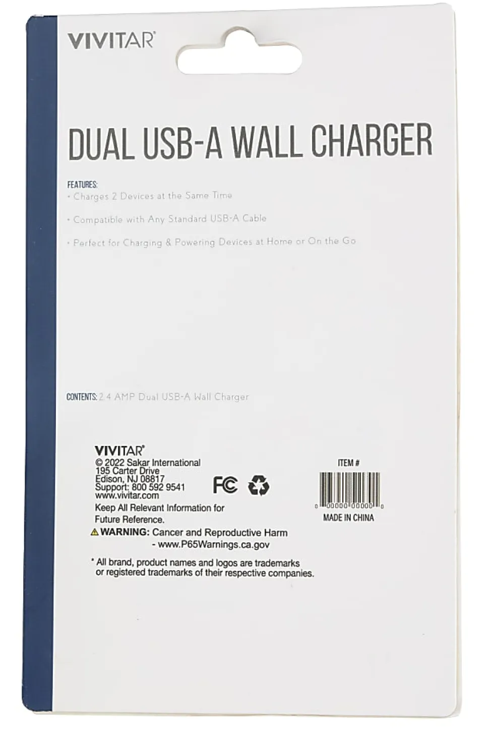 Vivitar Dual USB-A Wall Charger, White, NIL6002-WHT-STK-24