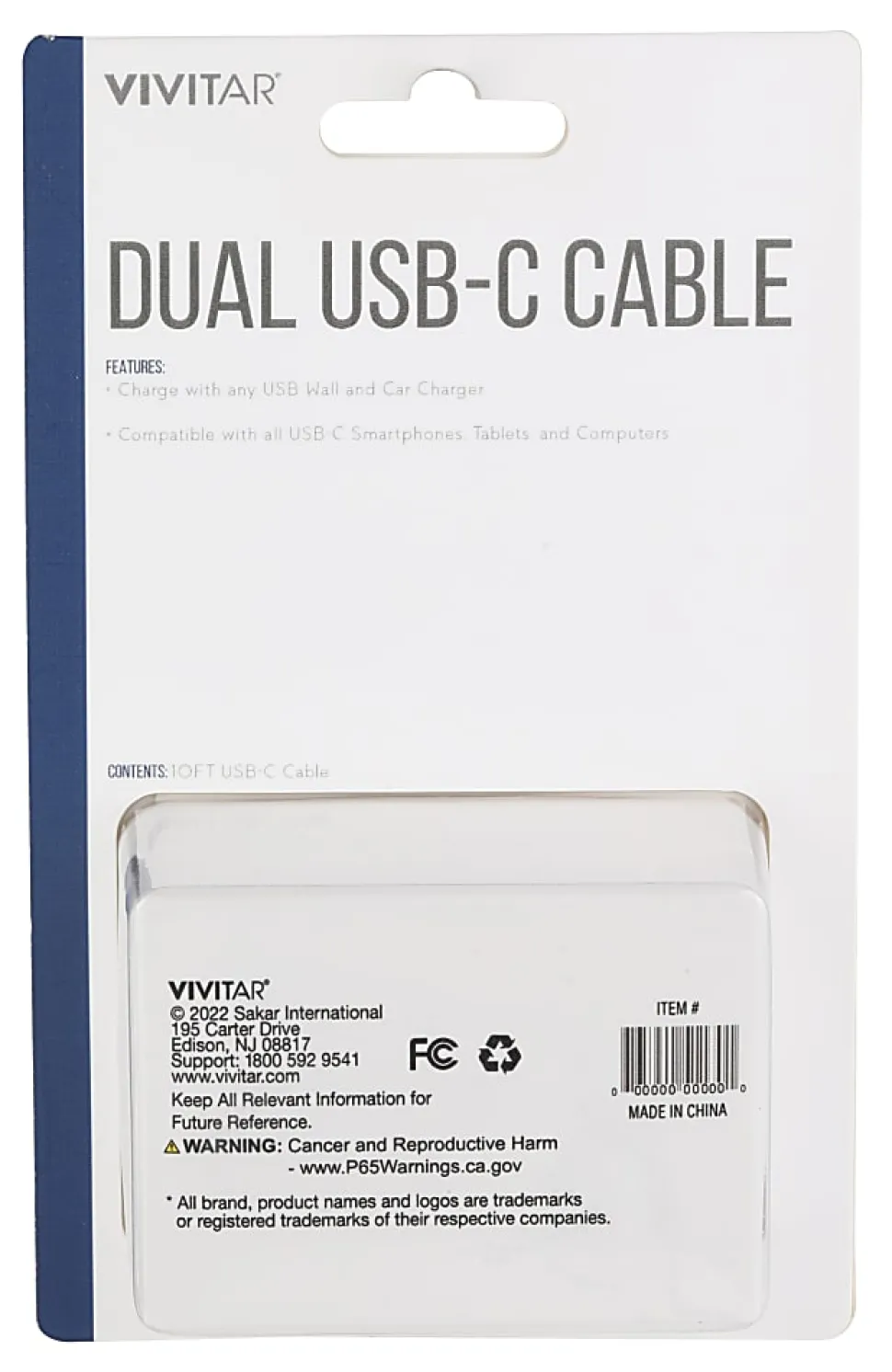 Vivitar Dual USB-C Charging Cable, 10', Black, NIL3010-BLK-STK-24