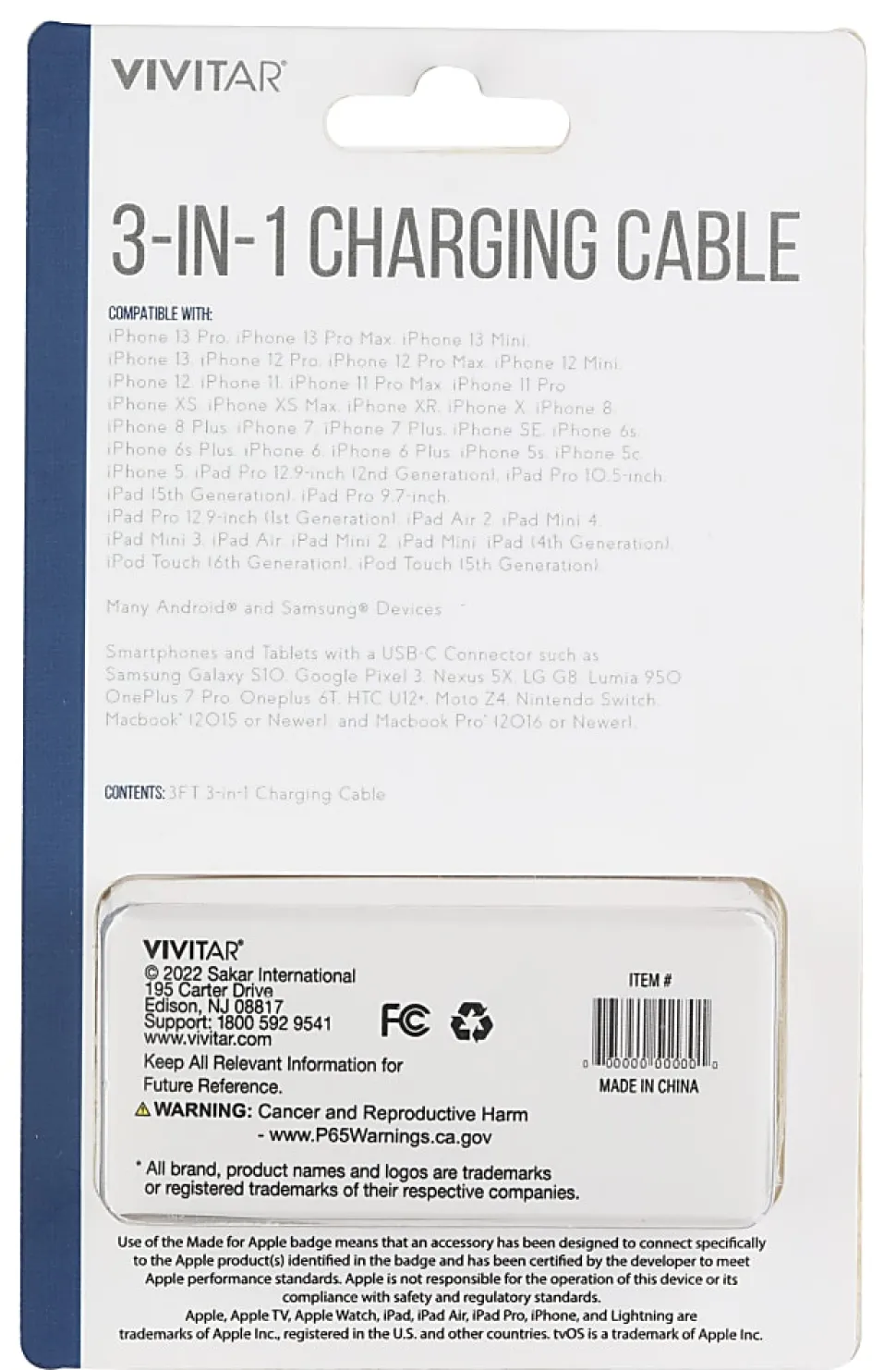 Vivitar 3-in-1 Charging Cable, 3', Black, NIL2001-BLK-STK-24