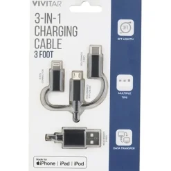 Vivitar 3-in-1 Charging Cable, 3', Black, NIL2001-BLK-STK-24