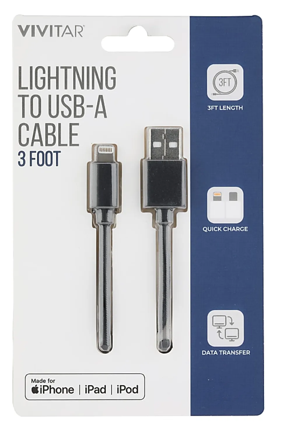 Vivitar Lightning To USB-A Cable, 3', Black, NIL1003