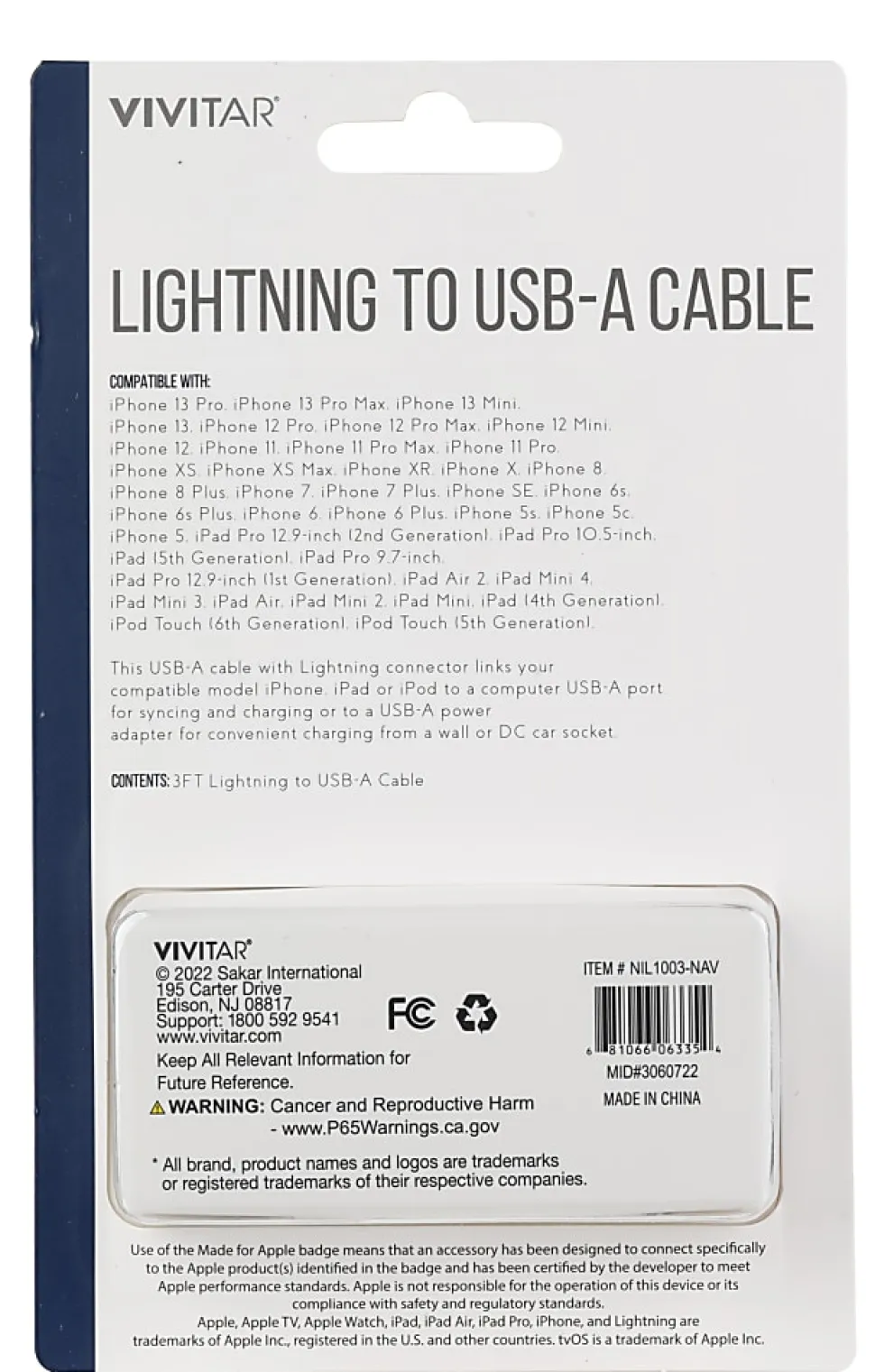 Vivitar Lightning To USB-A Cable, 3', Navy, NIL1003