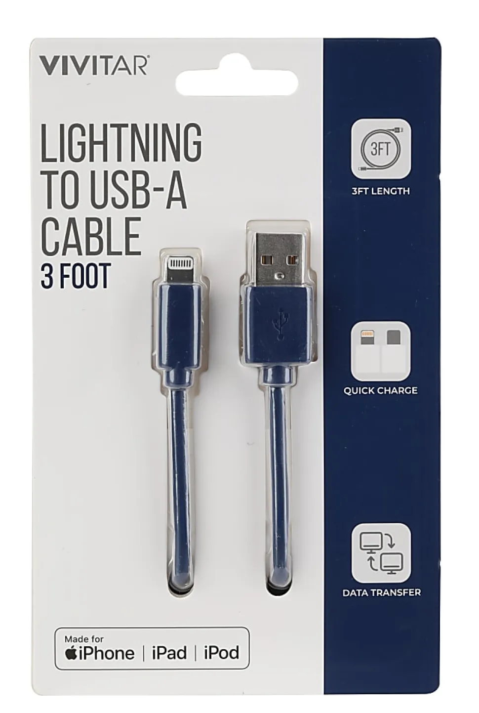 Vivitar Lightning To USB-A Cable, 3', Navy, NIL1003