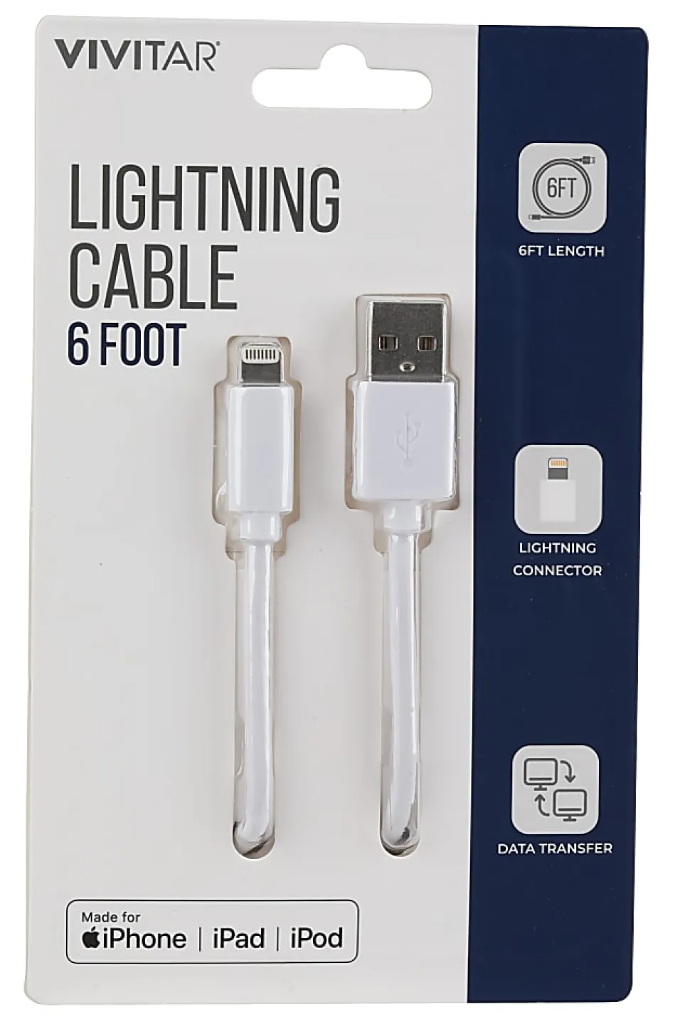 Vivitar Lightning To USB-A Cable, 6', Black, NIL1006-WHT-STK-24