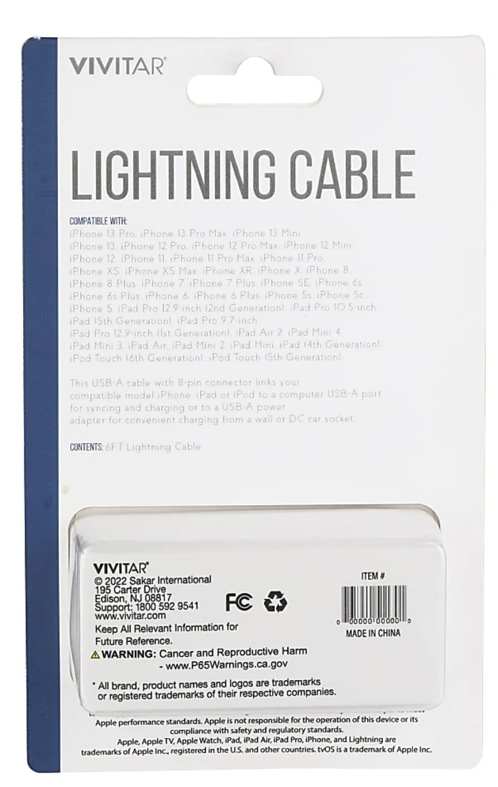 Vivitar Lightning To USB-A Cable, 6', Black, NIL1006-BLK-STK-24