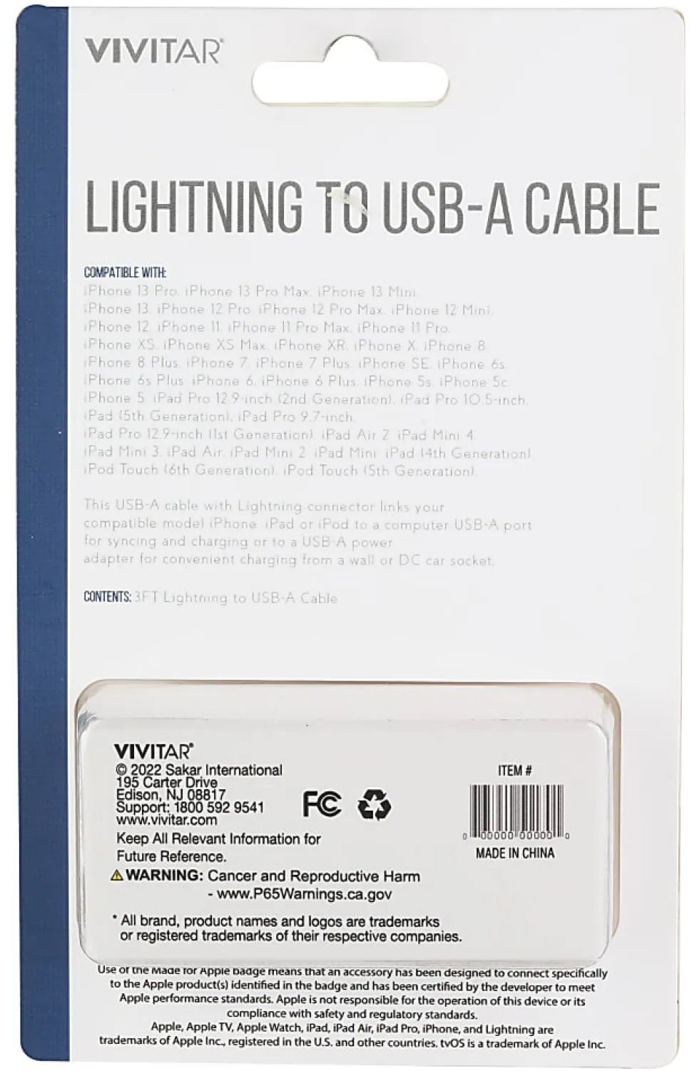 Vivitar Lightning To USB-A Cable, 3', White, NIL1003