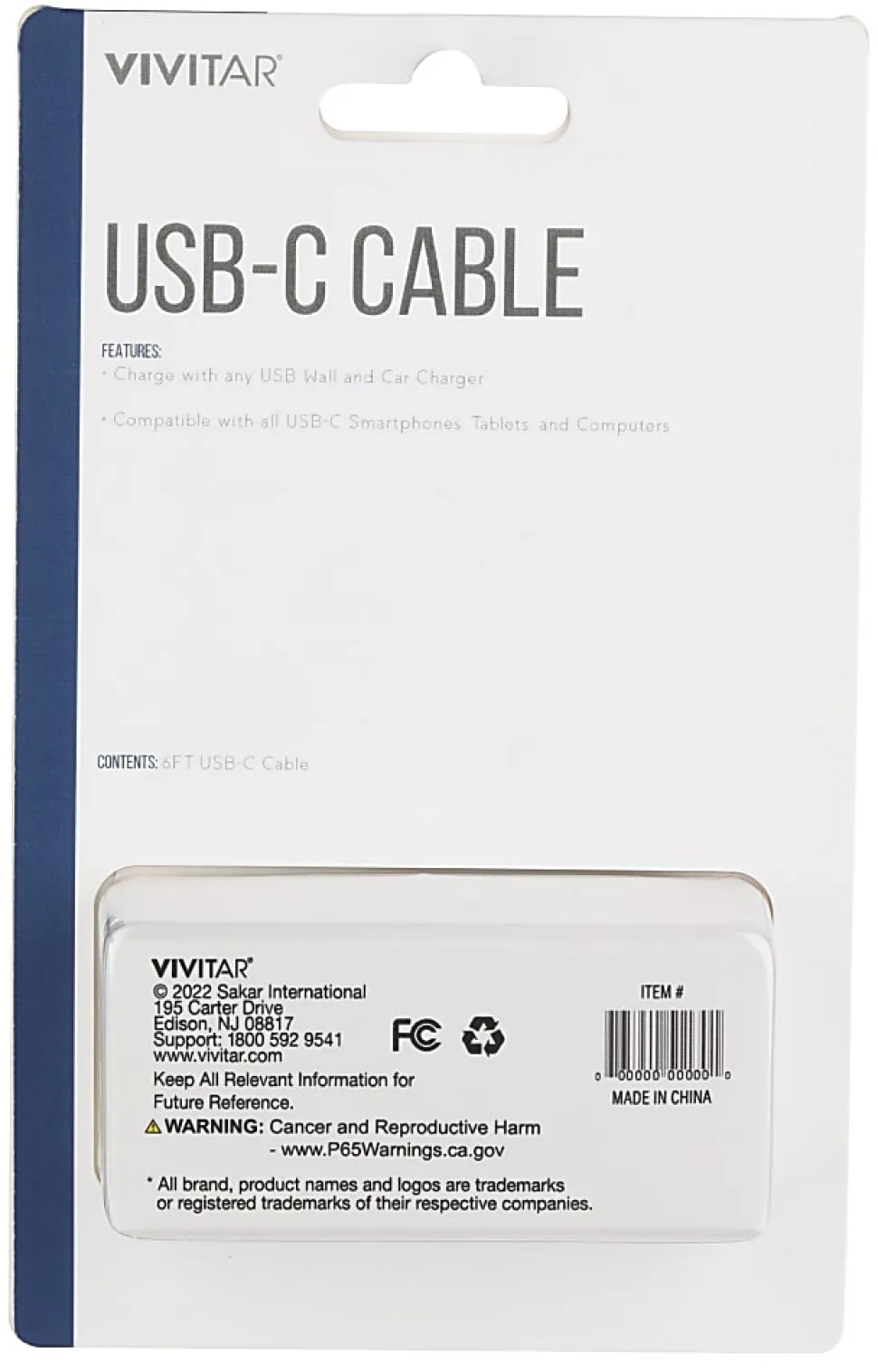 Vivitar USB-A To USB-C Cable, 6', Black, NIL4006-BLK-STK-24