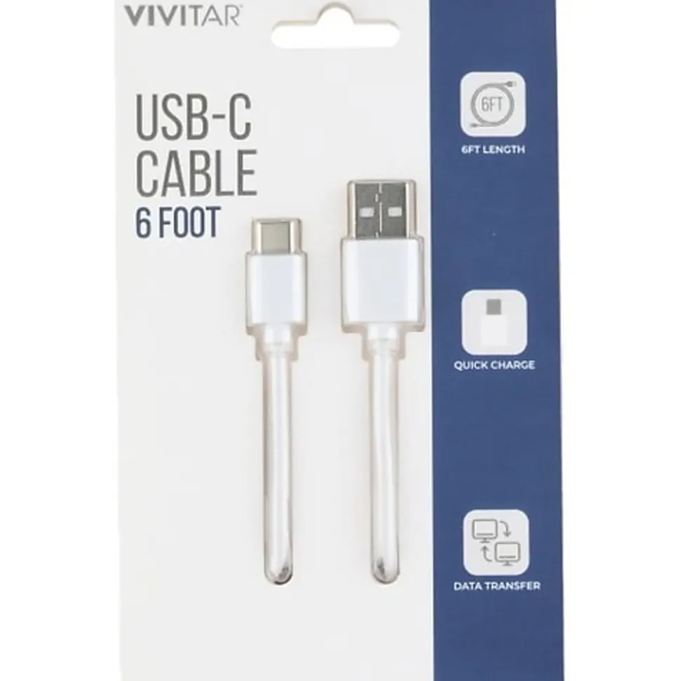 Vivitar USB-A To USB-C Cable, 6', White, NIL4006-WHT-STK-24