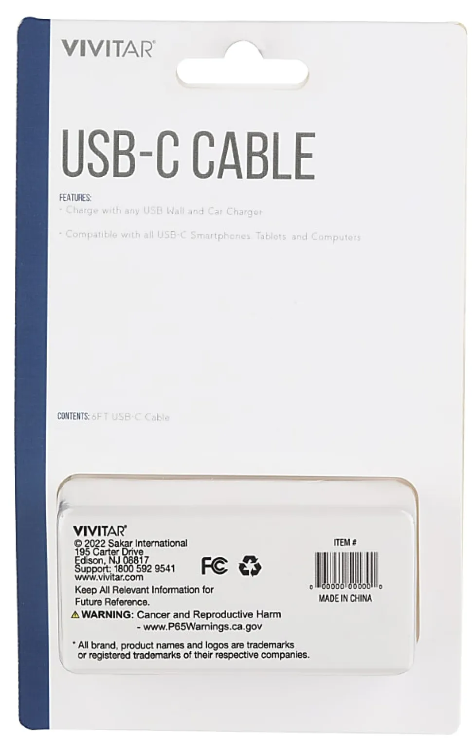 Vivitar USB-A To USB-C Cable, 6', White, NIL4006-WHT-STK-24