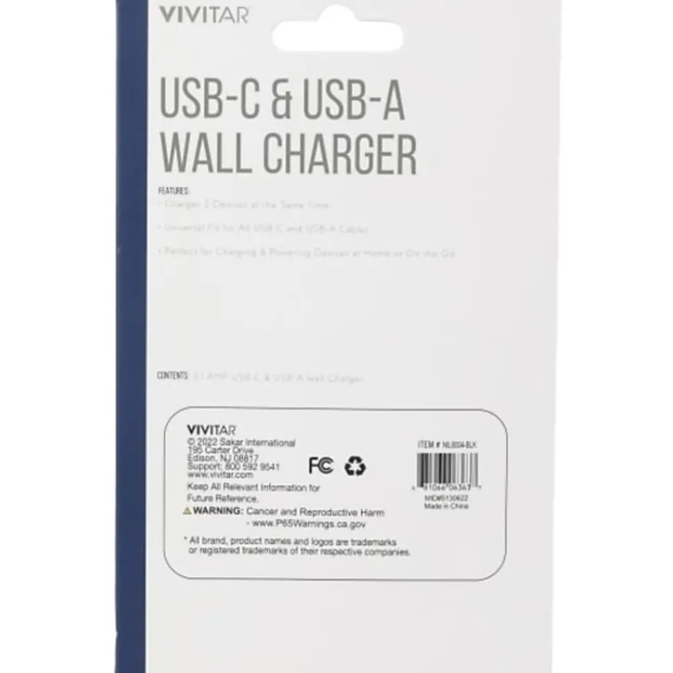 Vivitar USB-C And USB-A Wall Charger, Black, NIL6004-BLK-STK-24