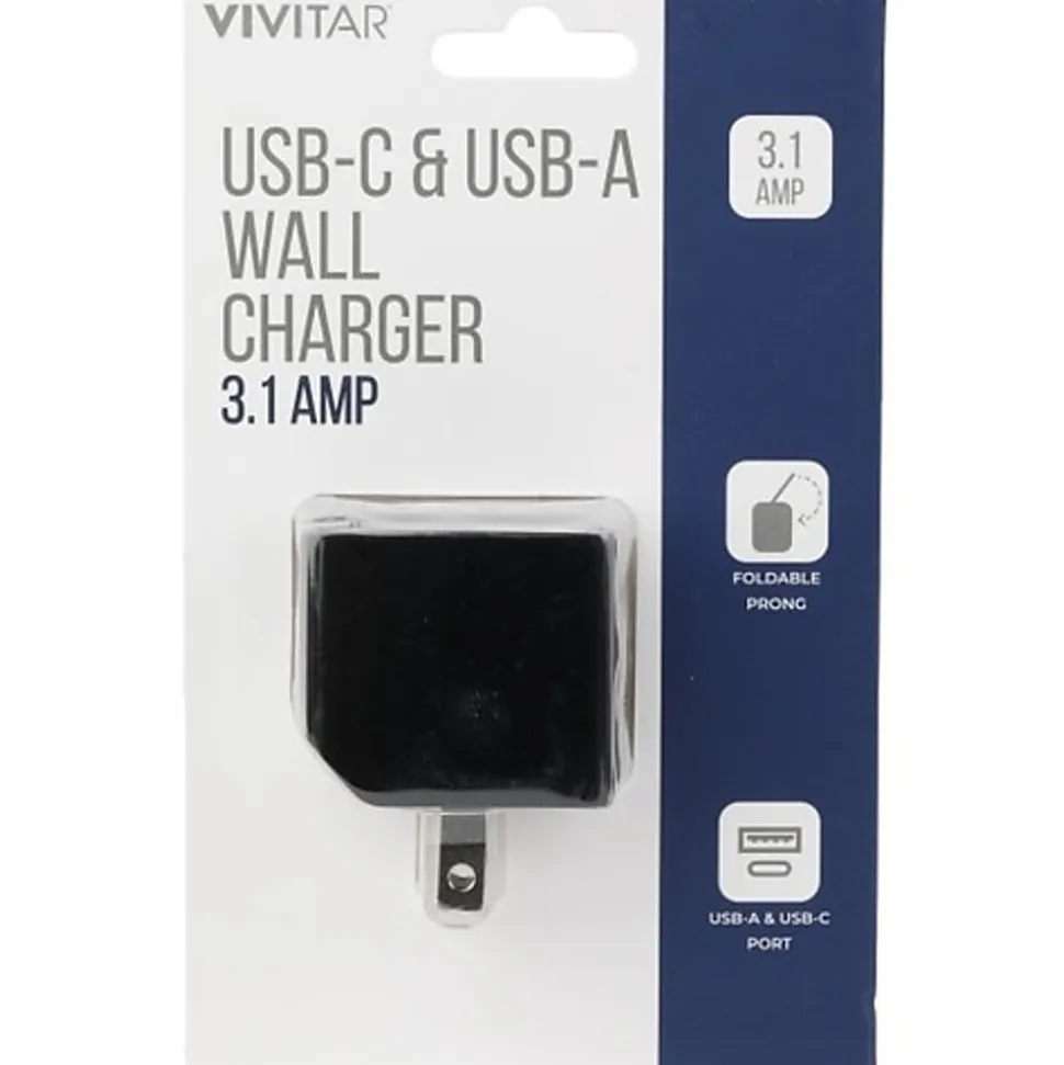 Vivitar USB-C And USB-A Wall Charger, Black, NIL6004-BLK-STK-24