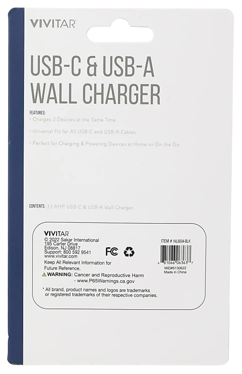 Vivitar USB-C And USB-A Wall Charger, Black, NIL6004-BLK-STK-24