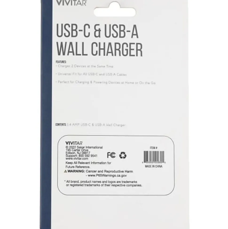Vivitar USB-C And USB-A Wall Charger, White, NIL6004-WHT-STK-24