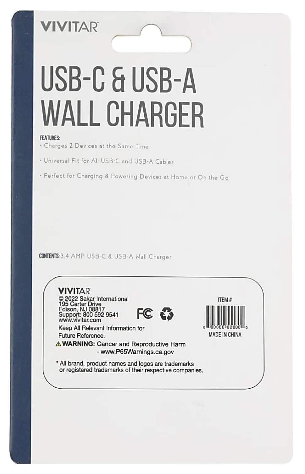 Vivitar USB-C And USB-A Wall Charger, White, NIL6004-WHT-STK-24