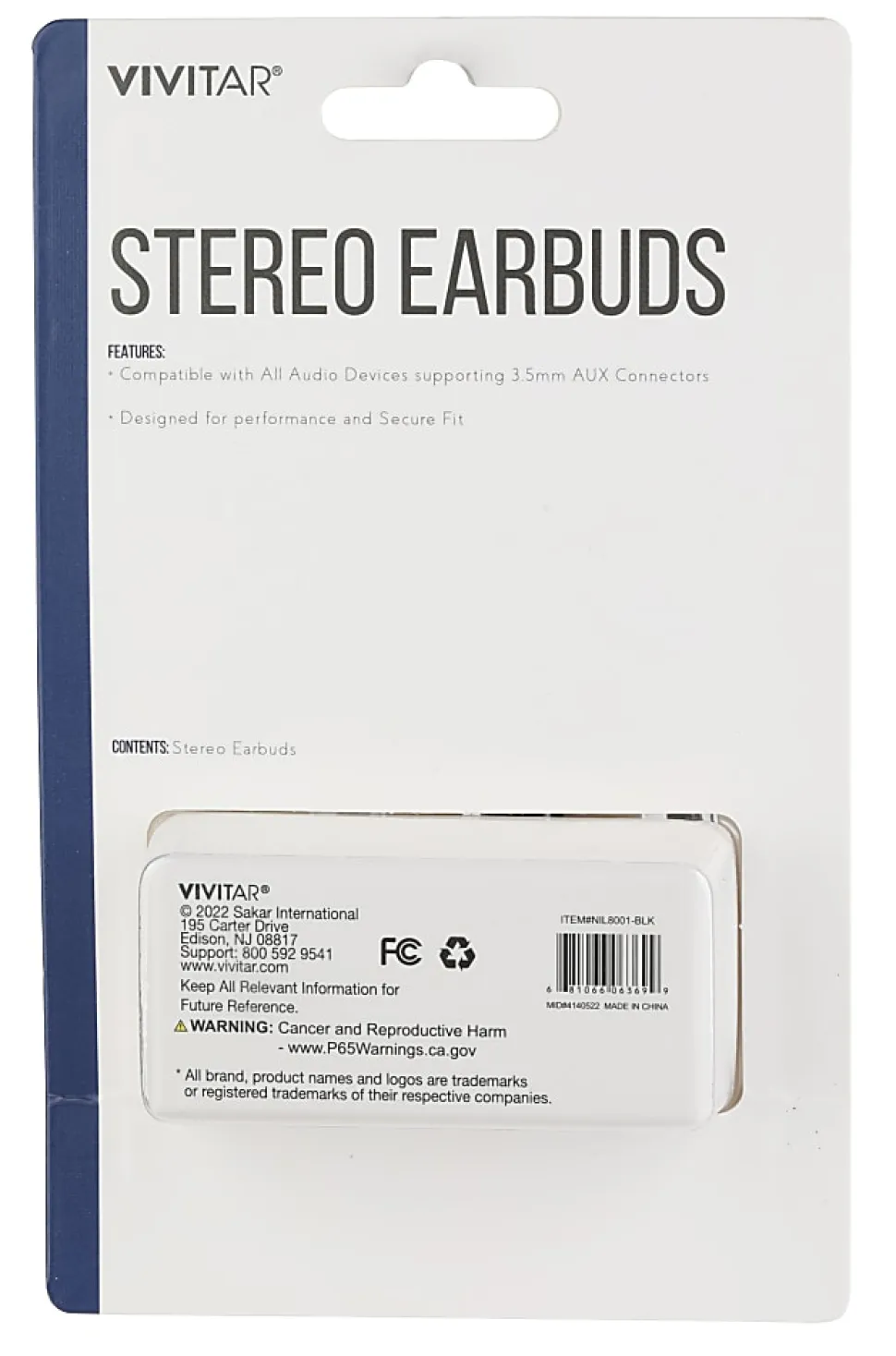 Vivitar Wired Stereo Earbuds, Black, NIL8001