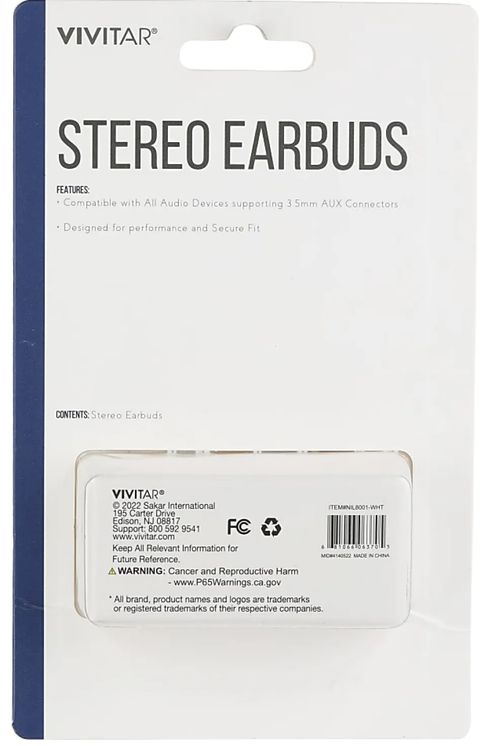 Vivitar Wired Stereo Earbuds, White, NIL8001