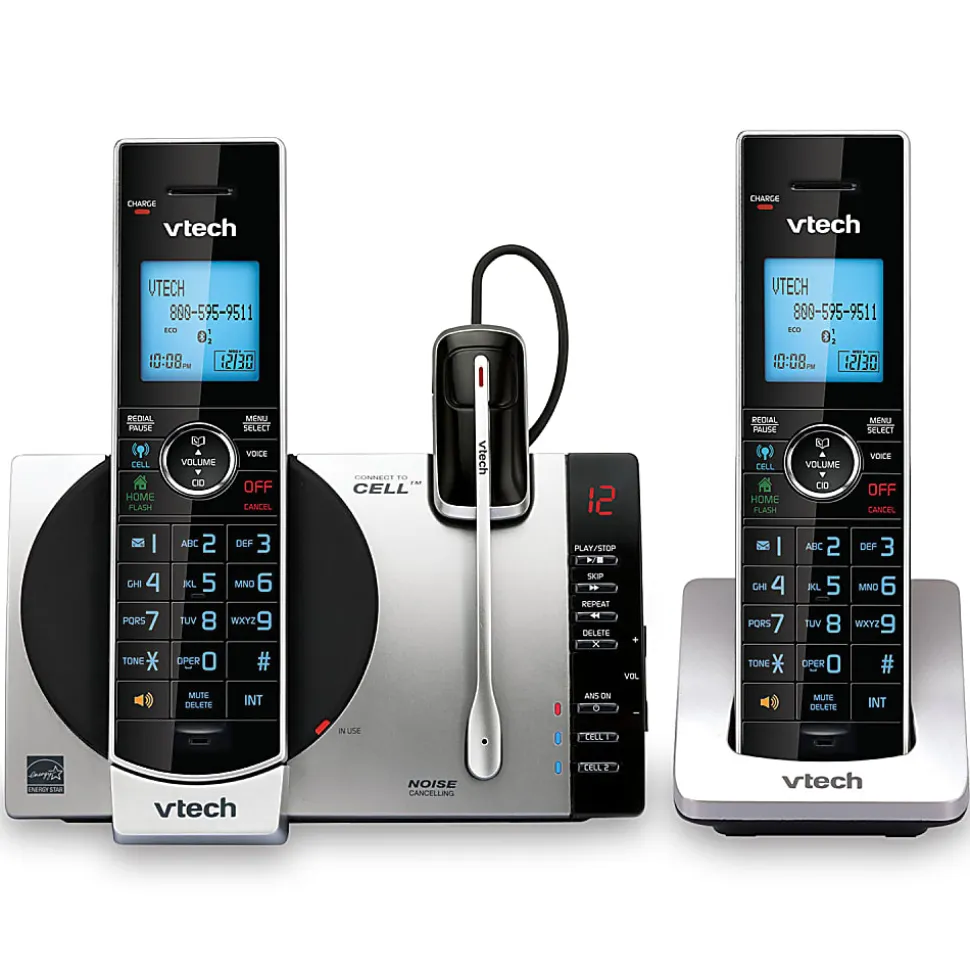 VTech® DECT 6.0 2 Handset Connect To Cell™ Cordless Phone With Digital Answering System, DS6771-3, 2 Handsets, 1 Cordless Headset