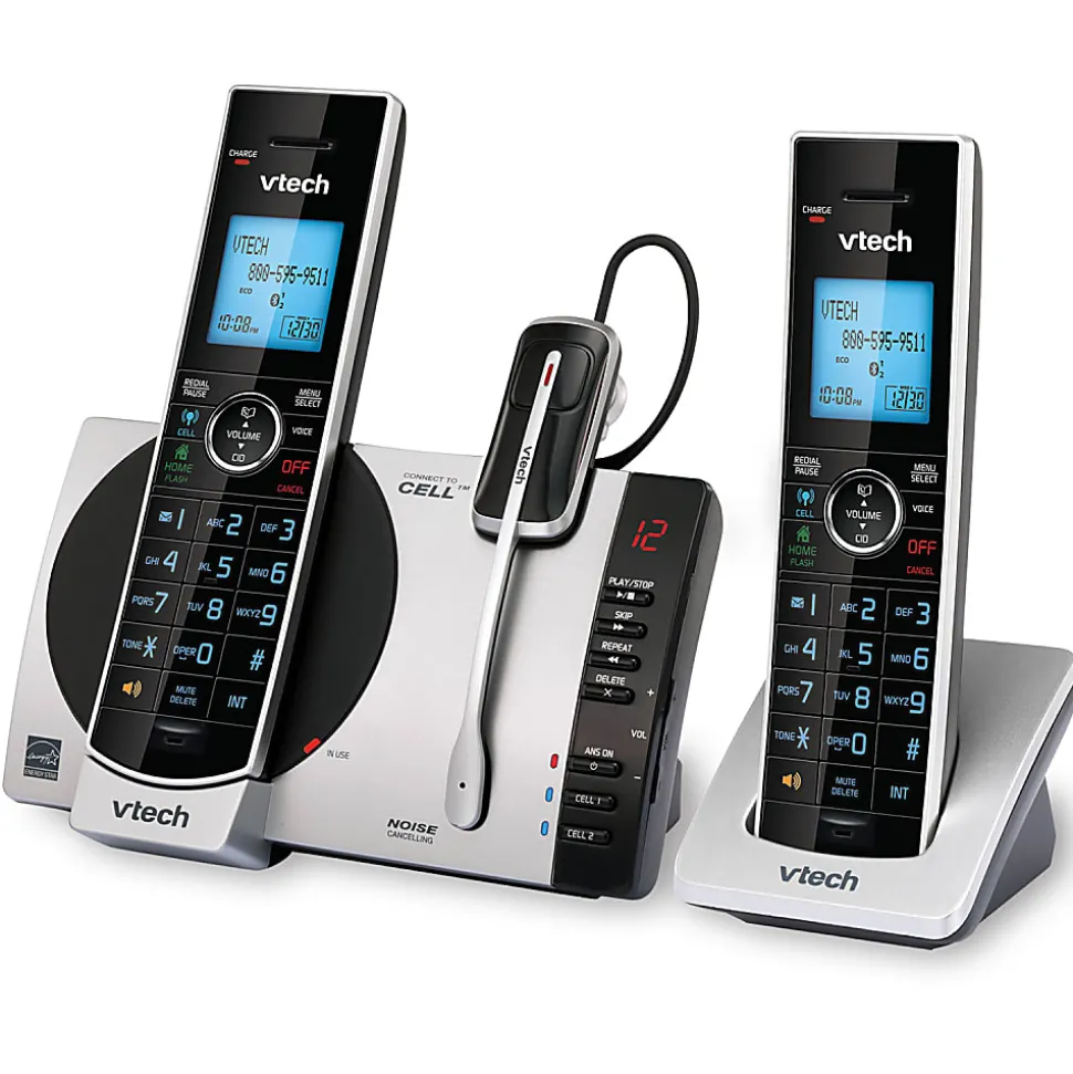 VTech® DECT 6.0 2 Handset Connect To Cell™ Cordless Phone With Digital Answering System, DS6771-3, 2 Handsets, 1 Cordless Headset