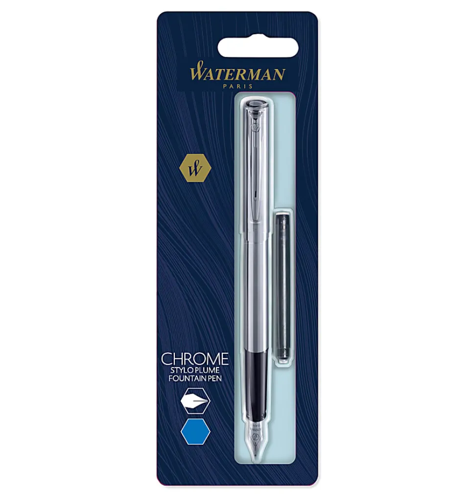 Waterman® Allure Fountain Pen, Fine Point, 0.5 mm, Chrome Barrel, Blue Ink