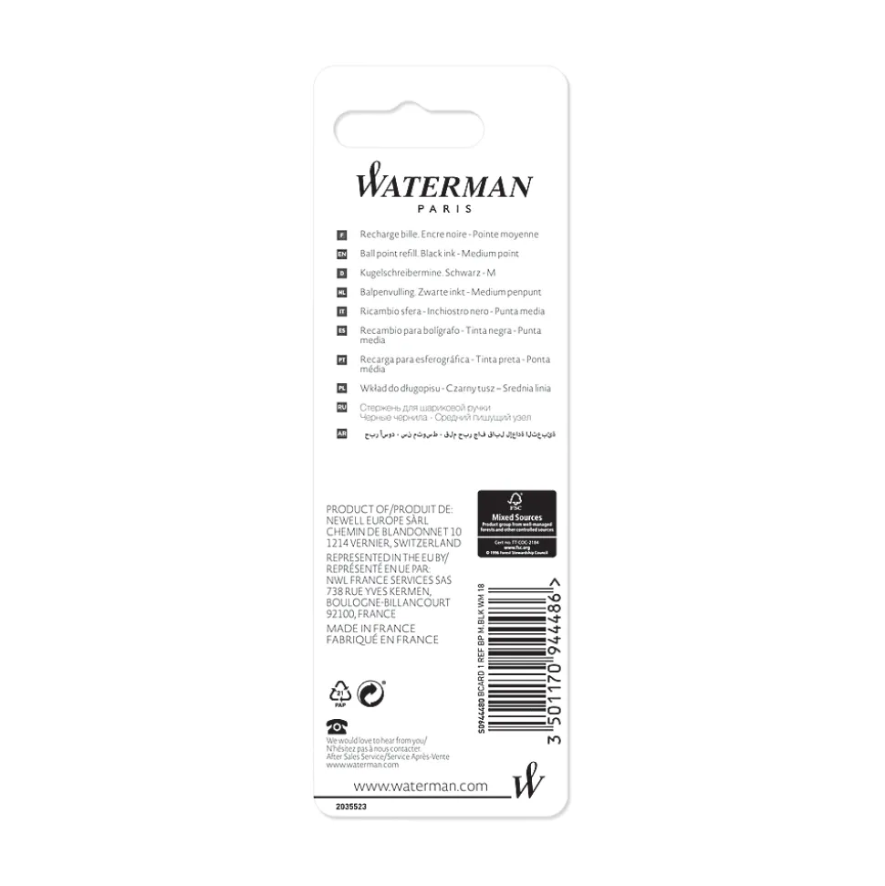 Waterman® Ballpoint Pen Refill, Medium Point, 0.7 mm, Black