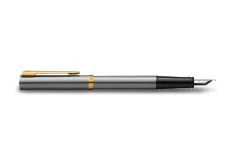 Waterman Impression Stainless Steel Fountain Pen Gold-Coated Trim, Medium Nib, Blue Ink