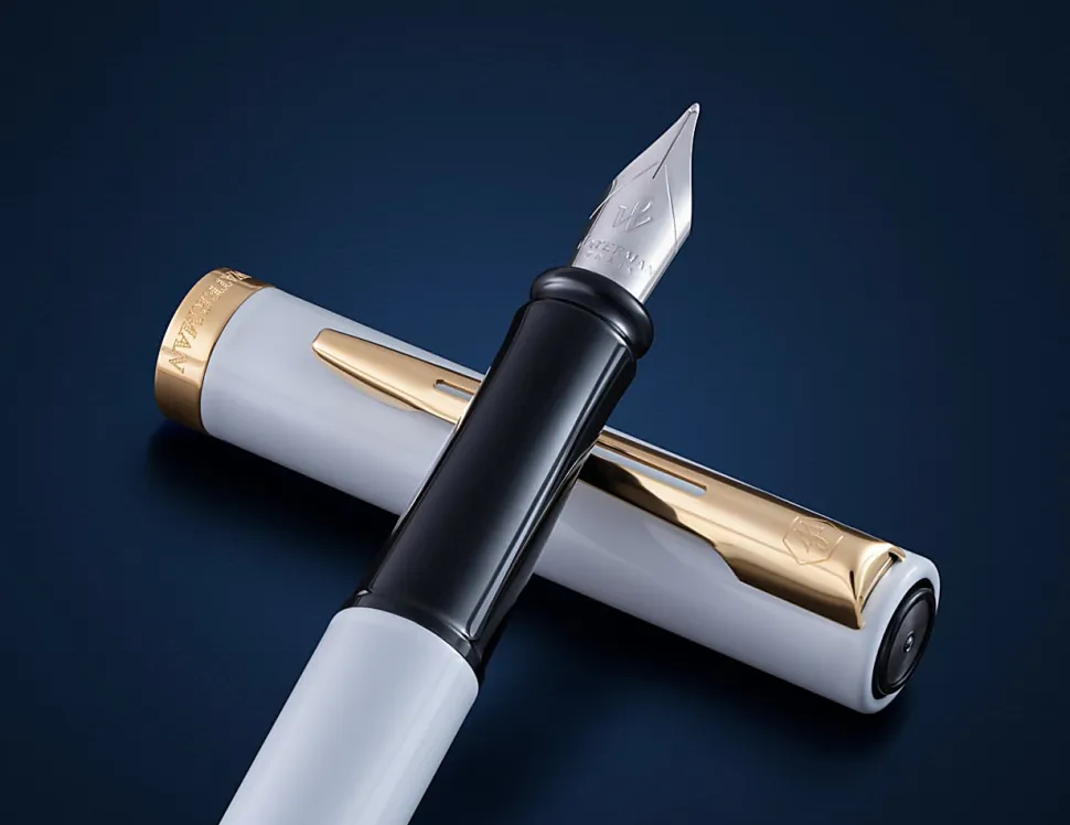 Waterman Impression White Fountain Pen Gold-Coated Trim Medium Nib, Blue Ink