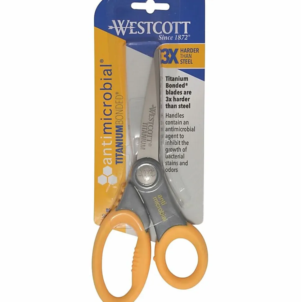Westcott Hard Handle Scissors With Antimicrobial Protection, 8", Pointed, Yellow/Gray