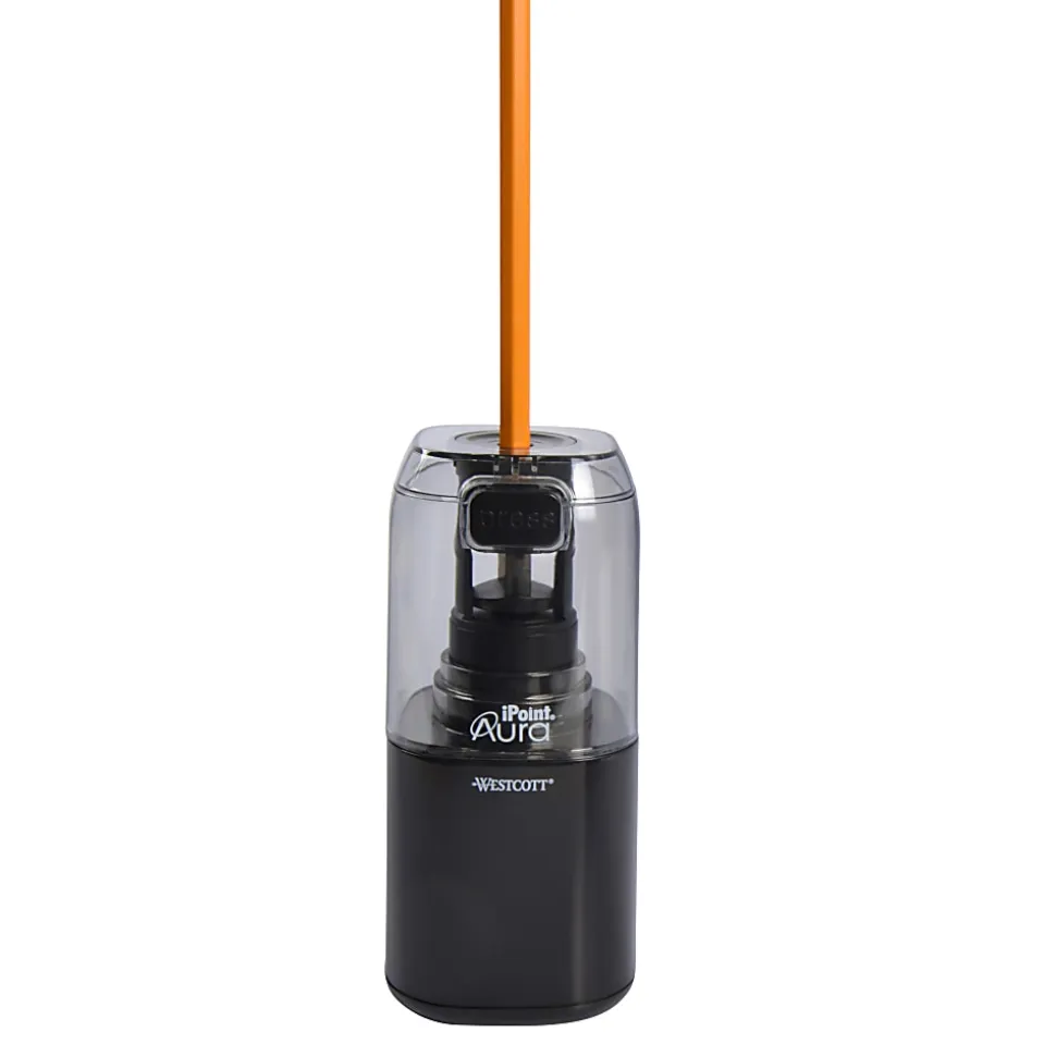 Westcott iPoint Aura Battery Operated Pencil Sharpener, 7-3/4"H x 4-1/2"W x 2-1/2"D, Assorted Colors