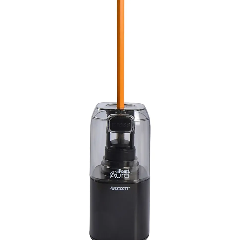 Westcott iPoint Aura Battery Operated Pencil Sharpener, 7-3/4"H x 4-1/2"W x 2-1/2"D, Assorted Colors