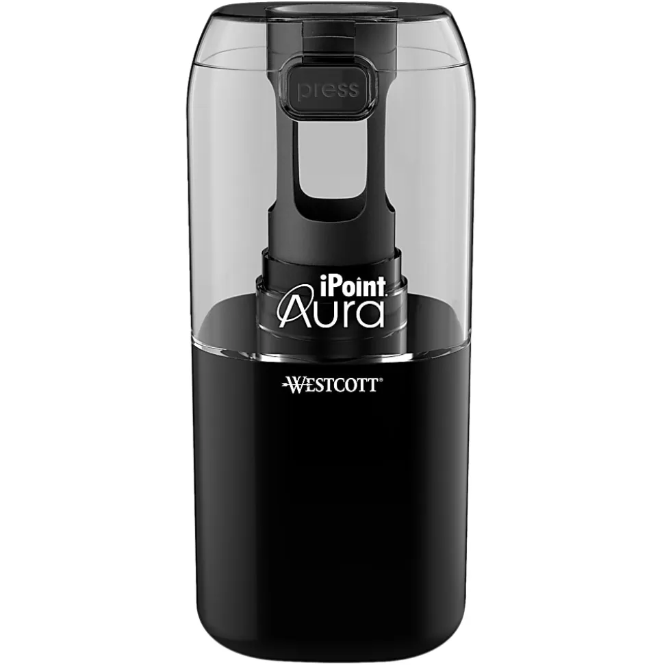 Westcott iPoint Aura Battery Operated Pencil Sharpener, 7-3/4"H x 4-1/2"W x 2-1/2"D, Assorted Colors